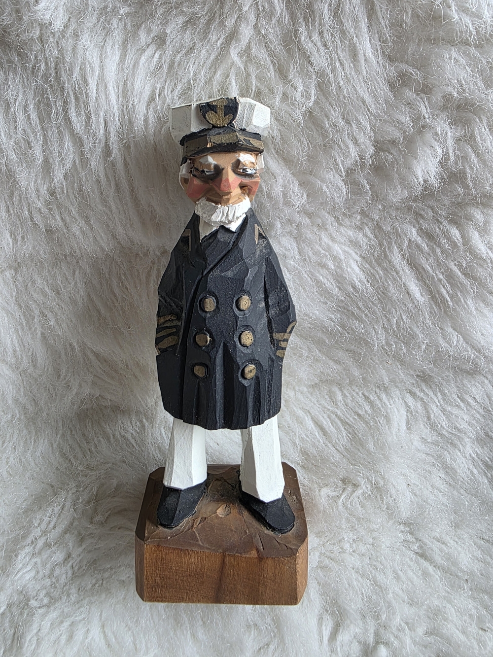 Vintage Carved Nautical Captain Figurine - Black & White
